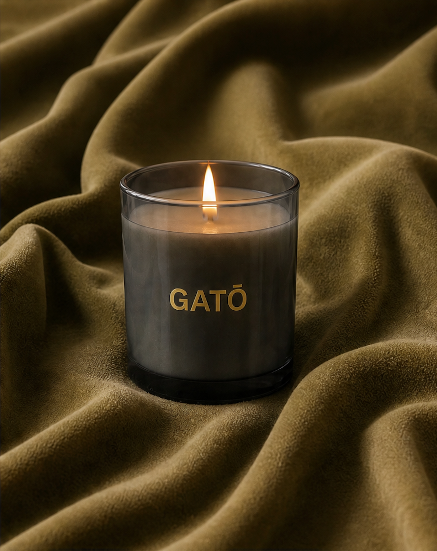 A lit gray glass candle jar with the word 'GATŌ' in gold lettering, set against a draped olive-brown fabric background.