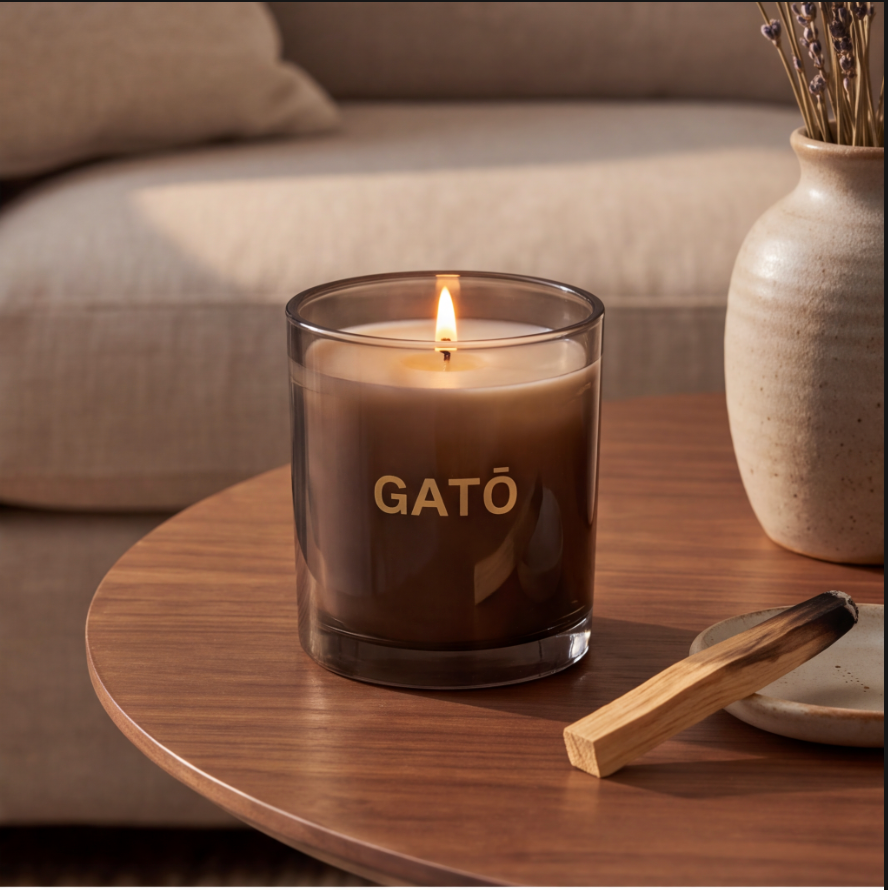 A lit candle in a dark smoky glass jar with the word 'GATO' printed in gold on the front, set on a round wooden table in a cozy living room scene with a vase and matchstick.