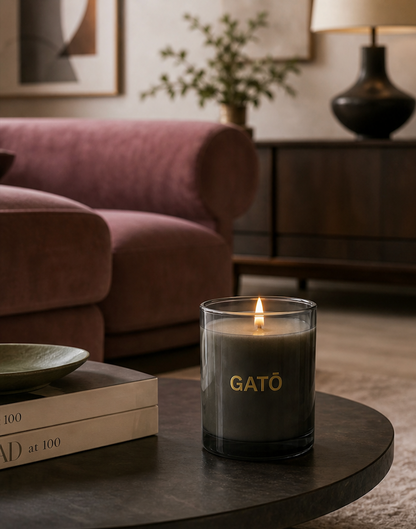 A lit GATO candle in a clear glass jar sits on a dark round table in a cozy living room setting with a pink sofa, books, and a lamp in the background.