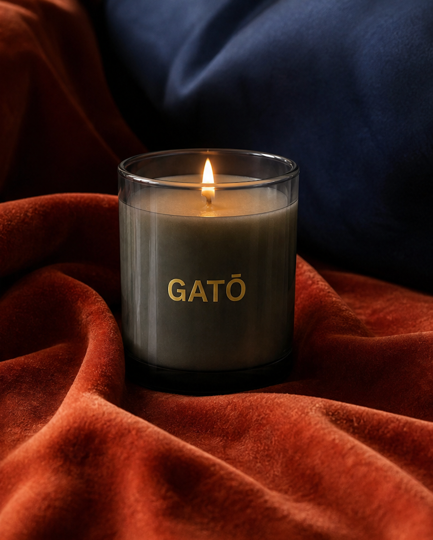 A lit candle in a clear glass jar with the brand name GATŌ in gold lettering, set against a backdrop of draped rust-orange velvet and dark navy fabric.