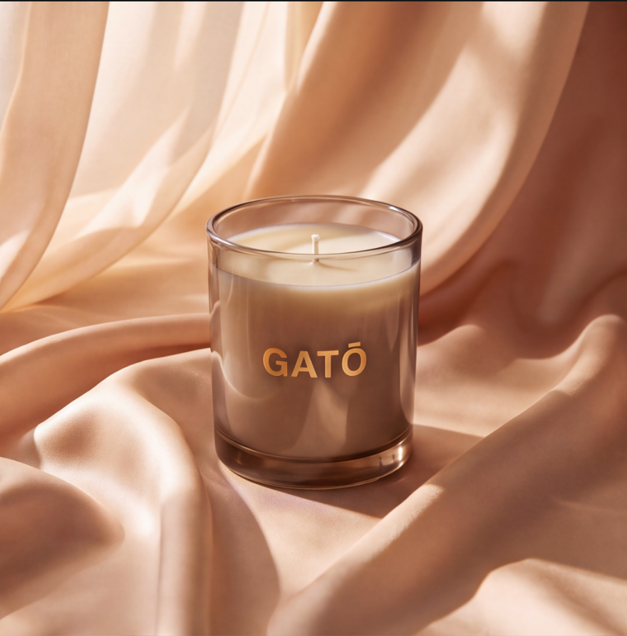 A glass jar candle with cream-colored wax and a gold foil 'GATŌ' logo, set against draped beige satin fabric.