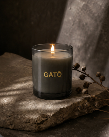 A lit candle in a dark smoky glass jar sits on a rough stone slab with dried botanical stems beside it. The candle wax is a muted gray-green, and the jar is printed with the word “GATÓ” in gold lettering.